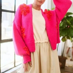 Davi & Dani Floral Applique Open Front Drop Shoulder Cardigan - Image 4