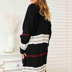 Double Take Striped Rib-Knit Drop Shoulder Open Front Cardigan - Image 2