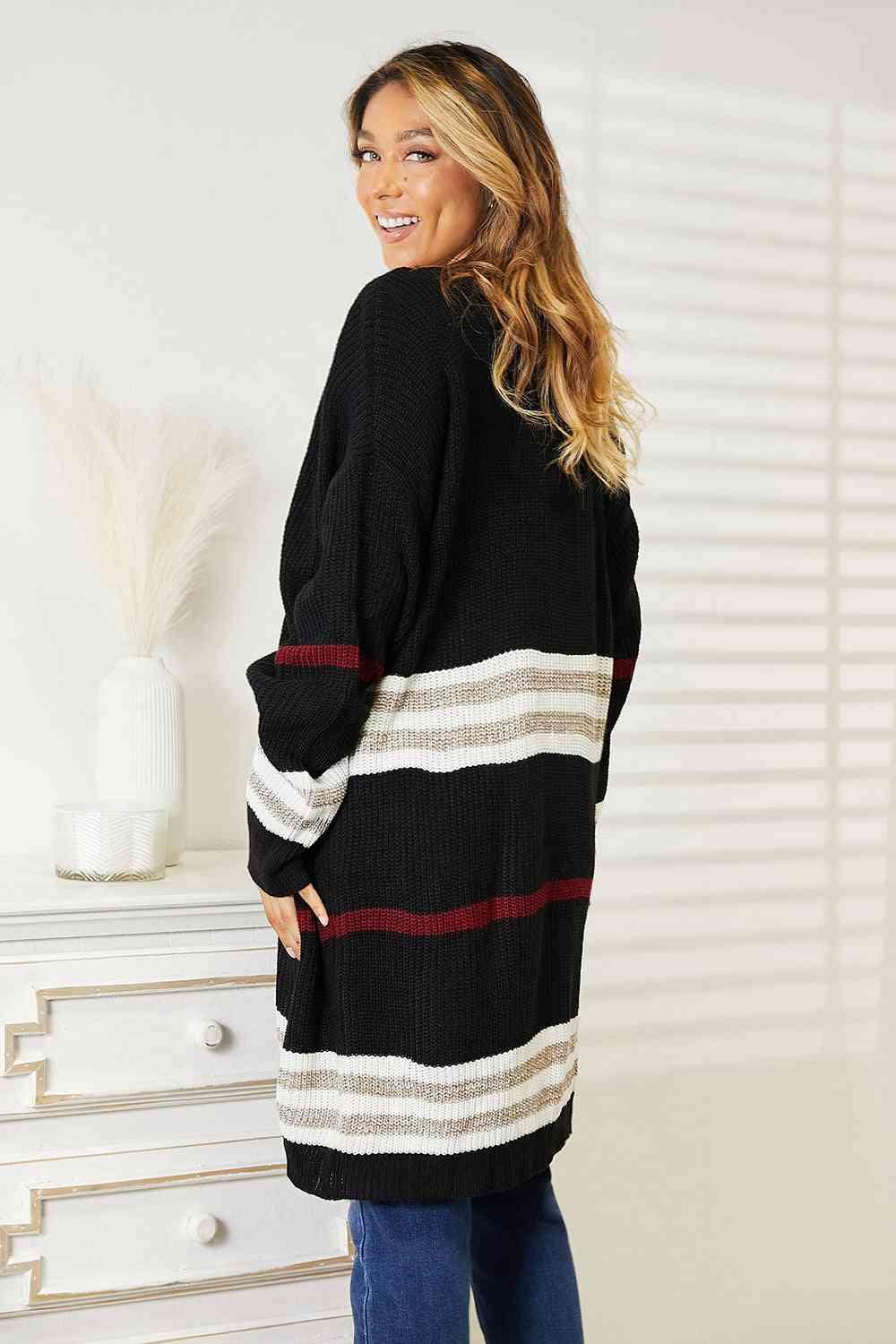 Double Take Striped Rib-Knit Drop Shoulder Open Front Cardigan - Image 2