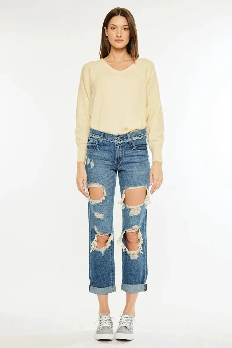 Kancan Distressed Mid Rise True Boyfriend Jeans - Image 4
