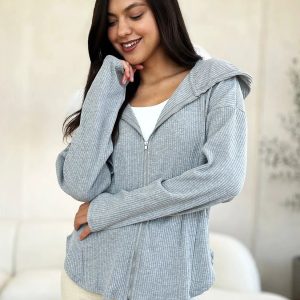 Culture Code Full Size Ribbed Zip Up Drawstring Hooded Jacket - Image 1