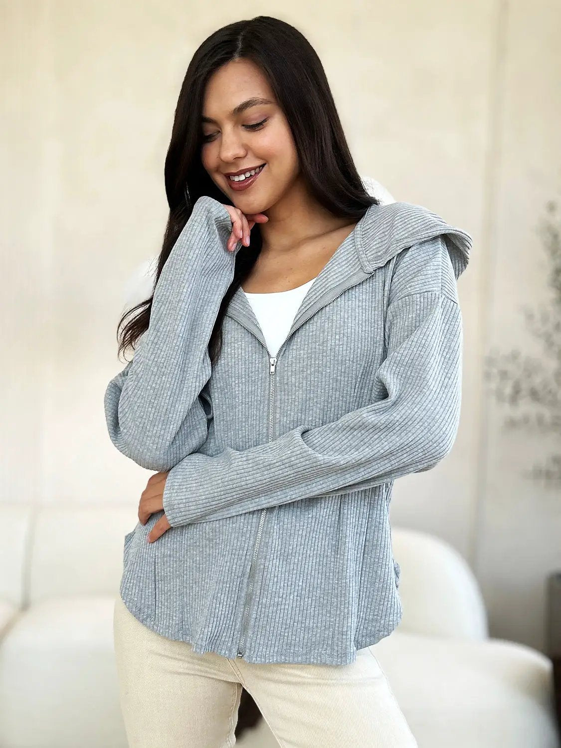 Culture Code Full Size Ribbed Zip Up Drawstring Hooded Jacket - Image 1