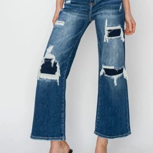 Risen Full Size High Rise Patch Detailed Wide Leg Crop Jeans - Image 5
