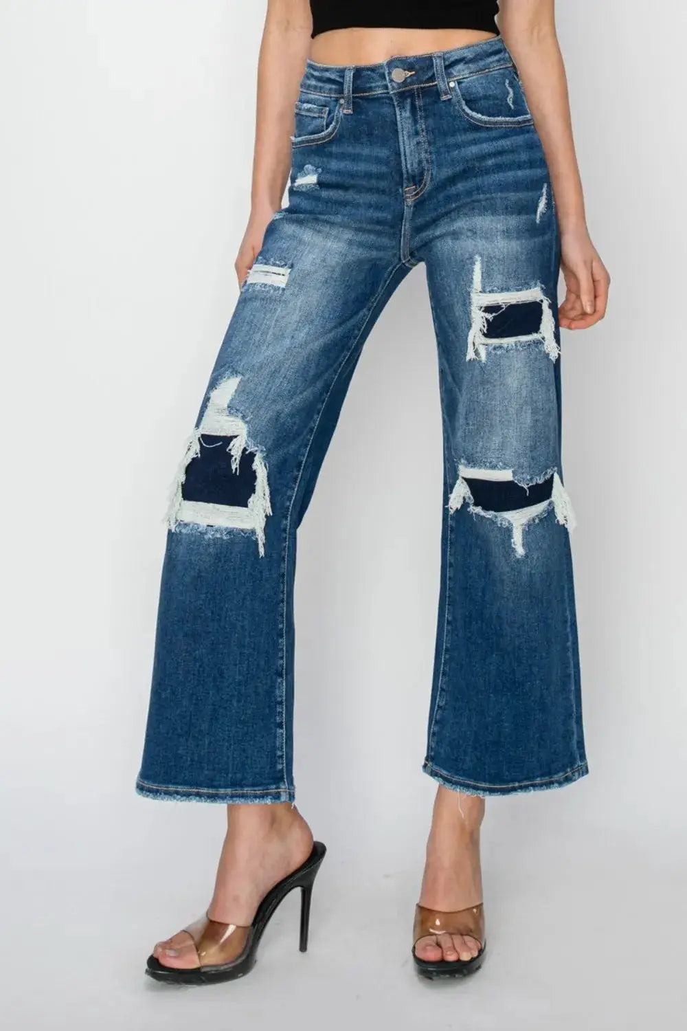Risen Full Size High Rise Patch Detailed Wide Leg Crop Jeans - Image 5