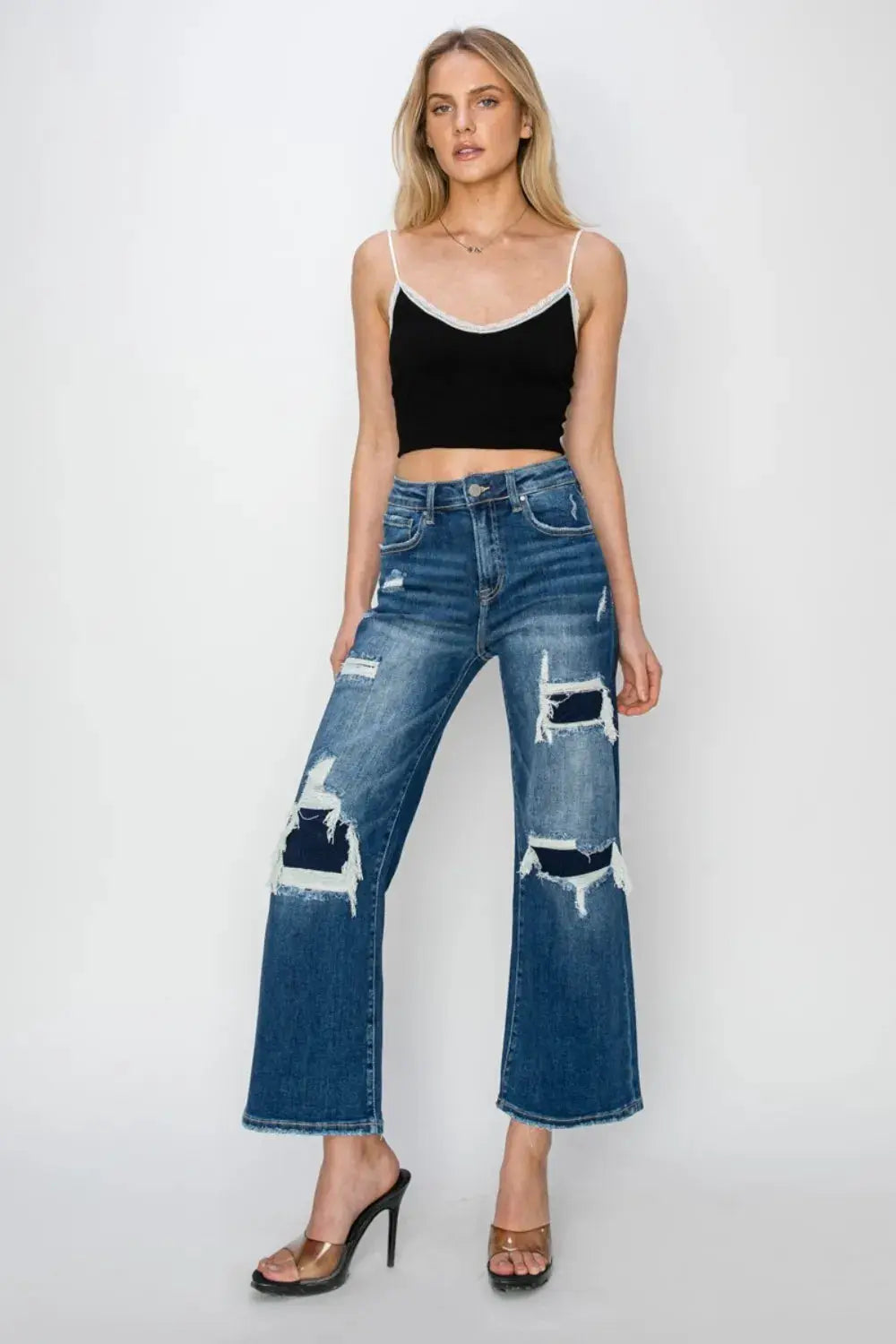 Risen Full Size High Rise Patch Detailed Wide Leg Crop Jeans - Image 6