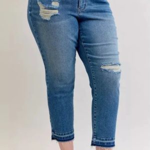 Judy Blue Full Size Mid Rise Bf Patch & Repair Destroy Release Hem Jeans Plus Size - Image 9
