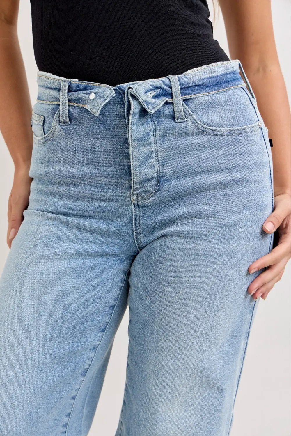 Judy Blue Mid Rise Retro Wide Leg Jeans with Fold-over Waistband - Image 5