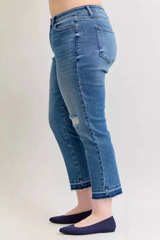 Judy Blue Full Size Mid Rise Bf Patch & Repair Destroy Release Hem Jeans Plus Size