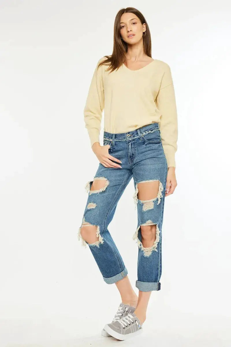 Kancan Distressed Mid Rise True Boyfriend Jeans - Image 2