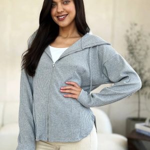 Culture Code Full Size Ribbed Zip Up Drawstring Hooded Jacket - Image 7