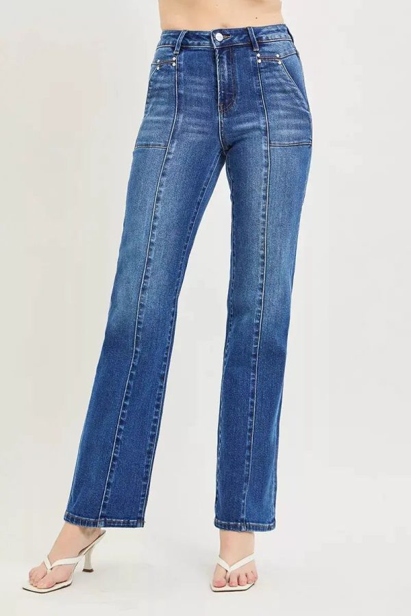 RISEN High Rise Straight Patch Pocket Seamed Jeans