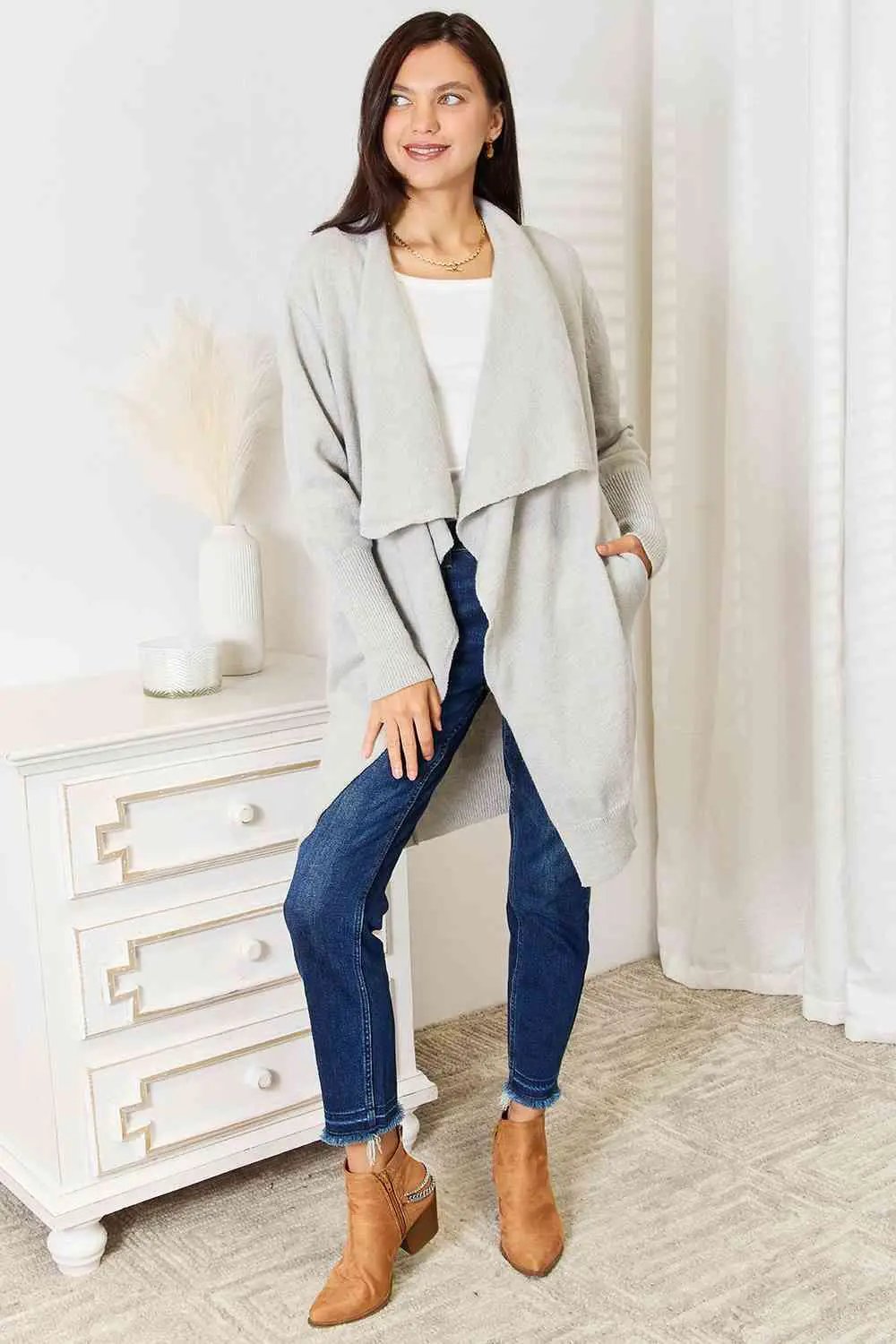 Double Take Open Front Duster Cardigan with Pockets - Image 4