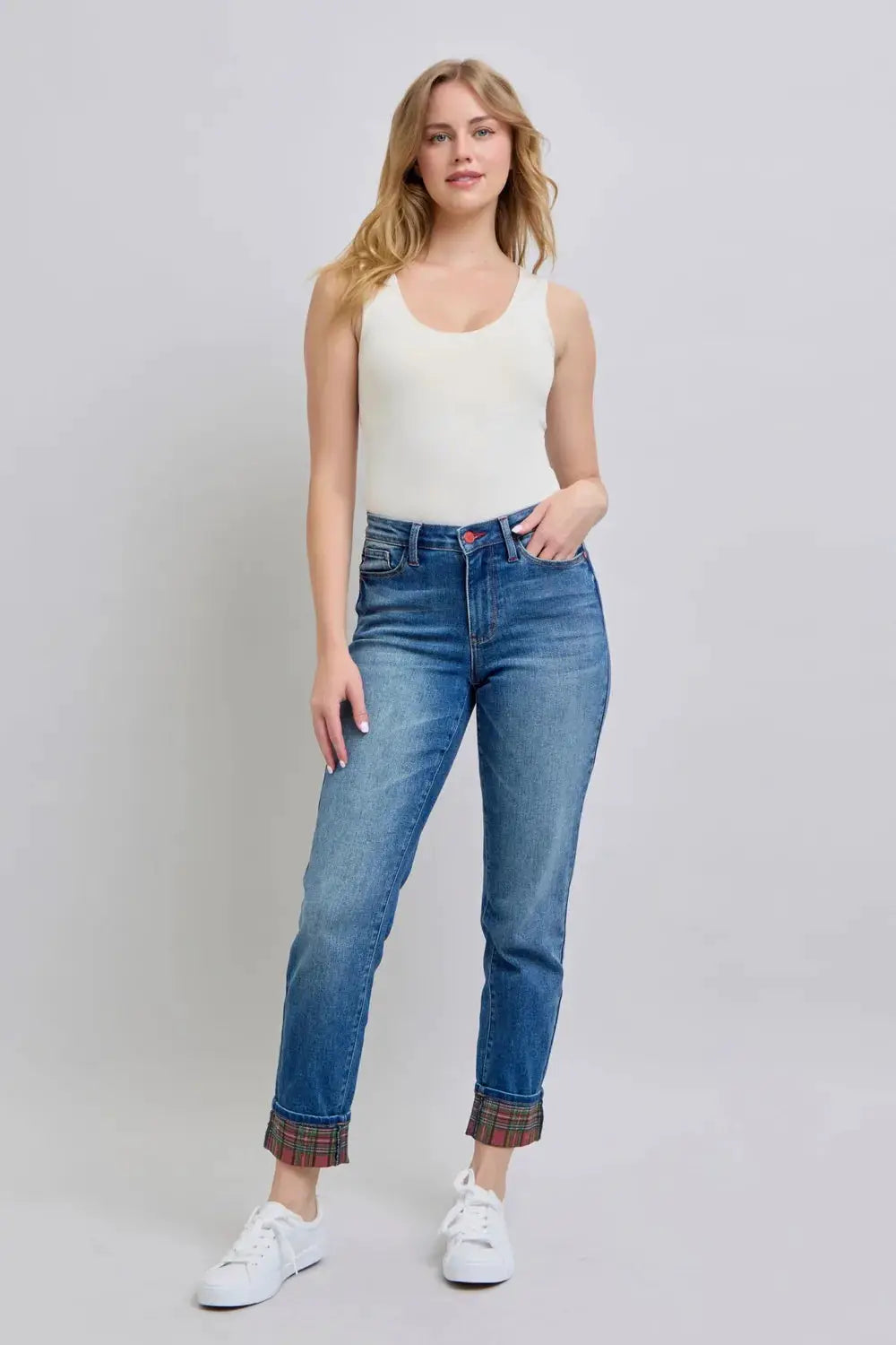 Judy Blue Full Size Plaid Print Cuff Straight Leg Jeans with Pockets - Image 5