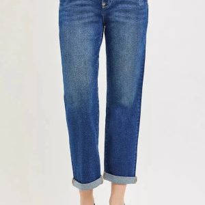 RISEN Slouchy Cropped Boyfriend Jeans with Cuffed Hem - Image 1