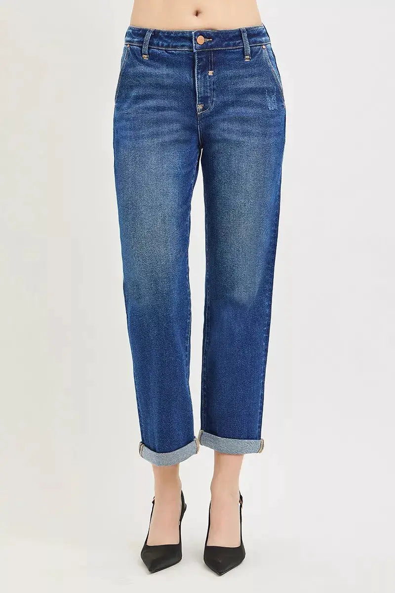 RISEN Slouchy Cropped Boyfriend Jeans with Cuffed Hem - Image 1