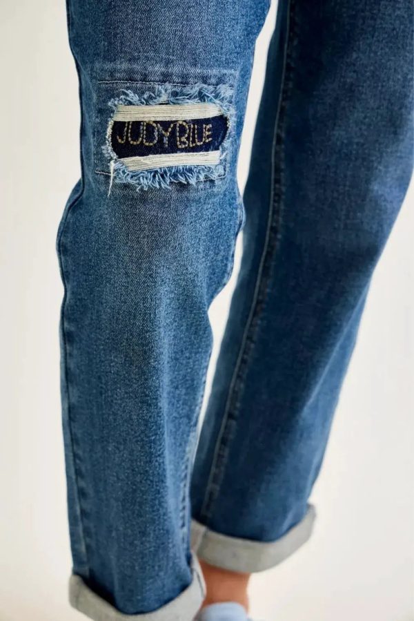Judy Blue Mid Rise Boyfriend Embroidered Repair Patch Jeans