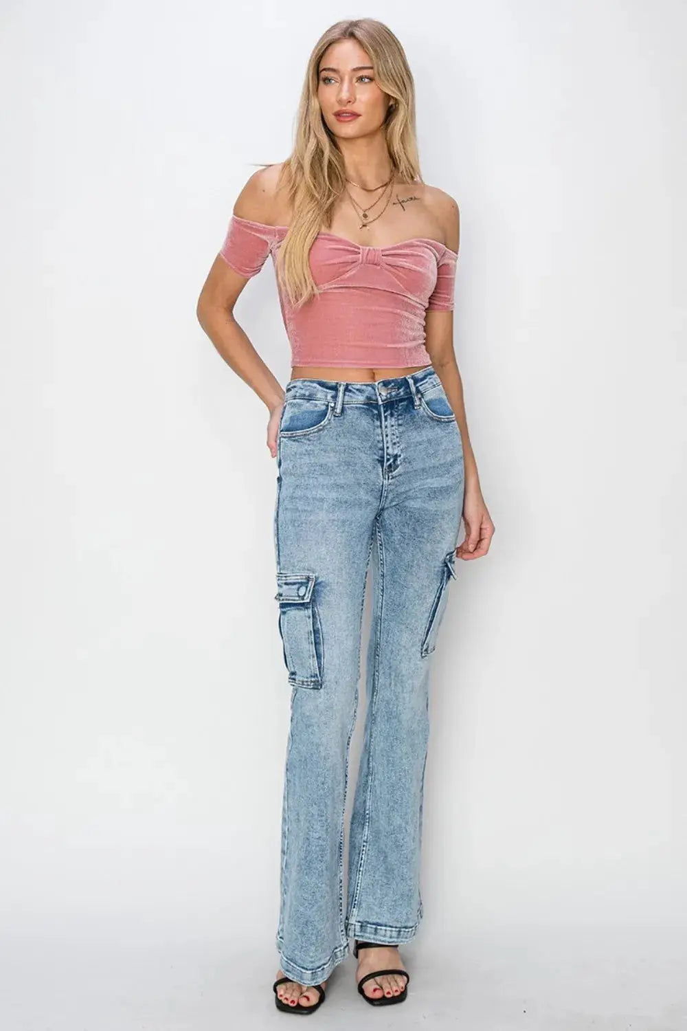 RISEN Full Size High Rise Cargo Flare Jeans - Image 6
