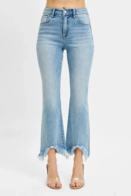 RISEN Full Size High Rise Crop Bootcut Fray Hem Jeans Plus Size