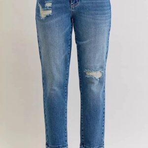 Judy Blue Full Size Mid Rise Bf Patch & Repair Destroy Release Hem Jeans Plus Size - Image 1