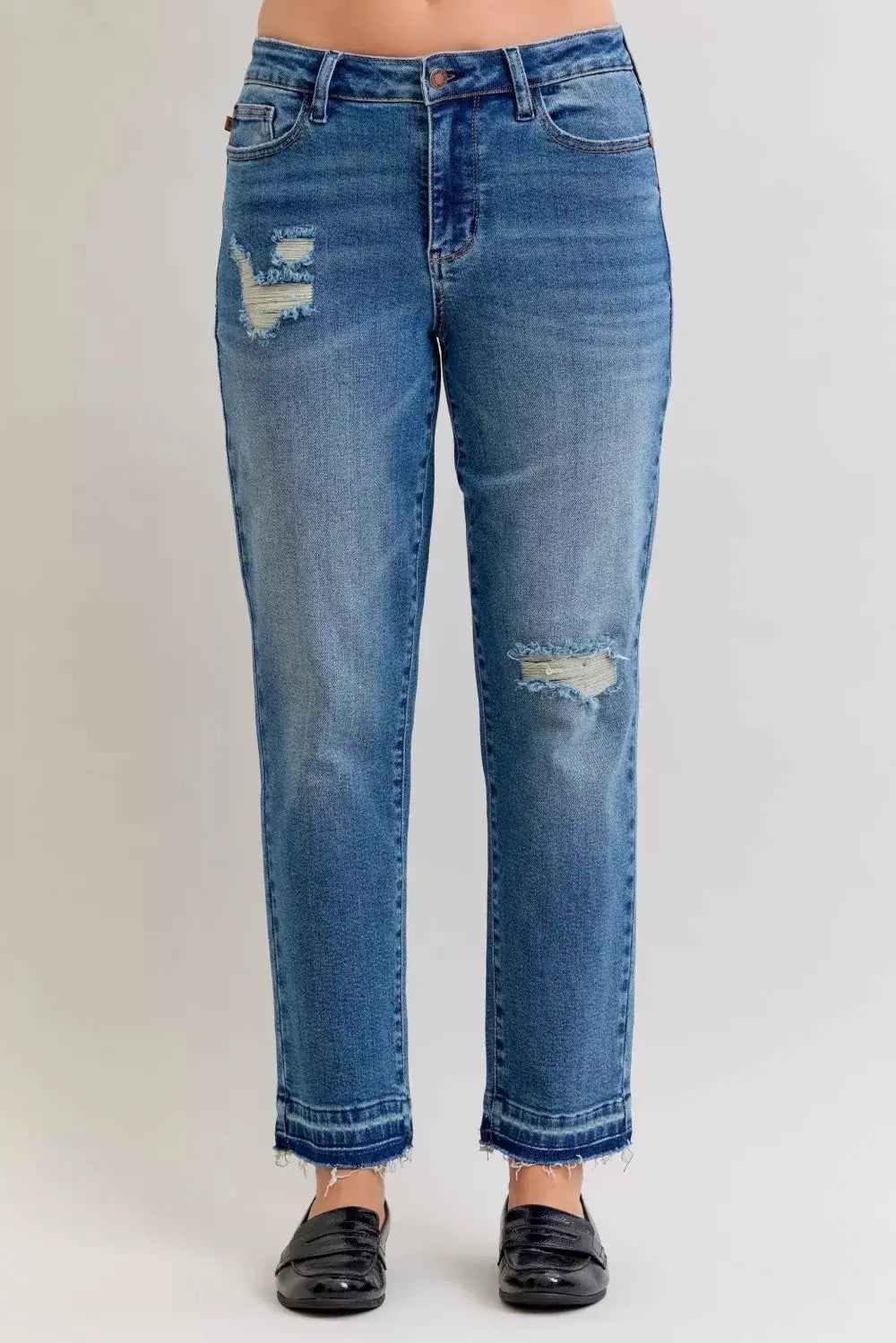 Judy Blue Full Size Mid Rise Bf Patch & Repair Destroy Release Hem Jeans Plus Size - Image 1