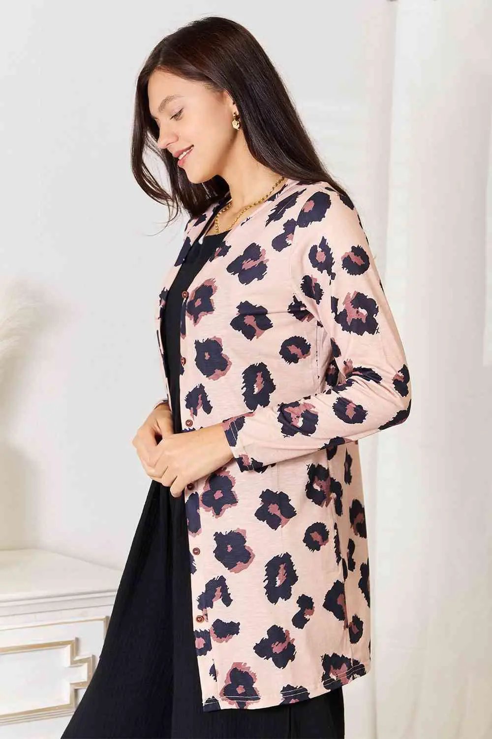 Double Take Printed Button Front Longline Cardigan - Image 3