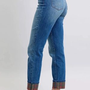 Judy Blue Full Size Plaid Print Cuff Straight Leg Jeans with Pockets - Image 4