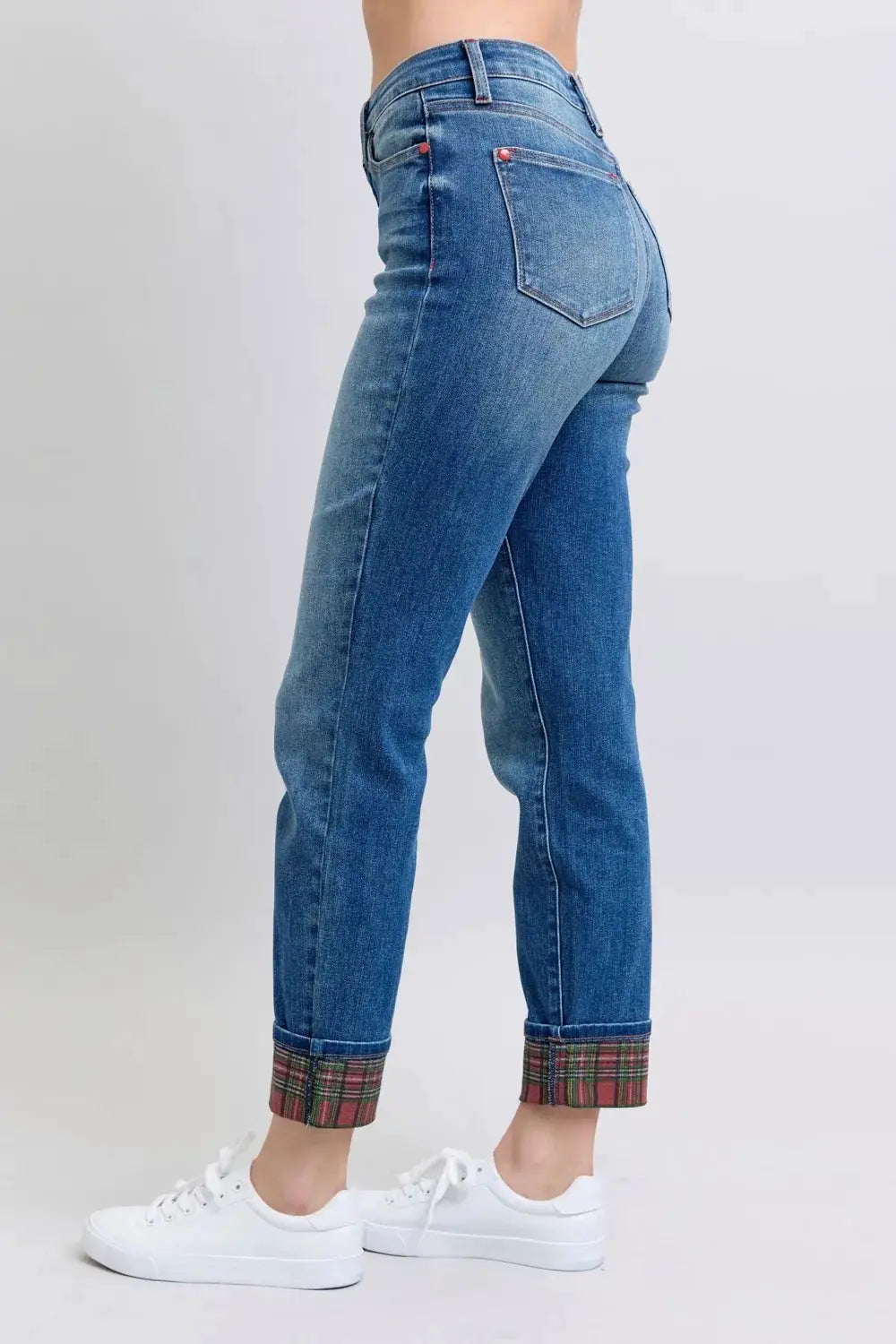 Judy Blue Full Size Plaid Print Cuff Straight Leg Jeans with Pockets - Image 4