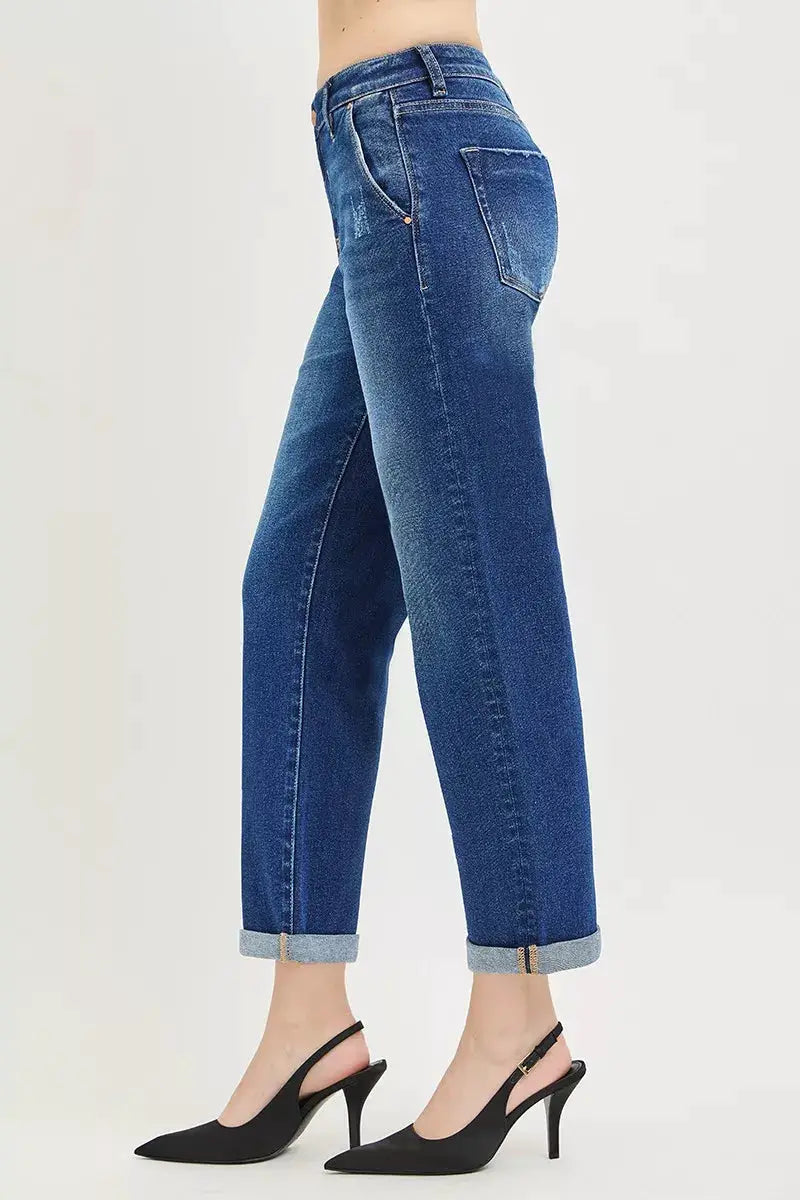 RISEN Slouchy Cropped Boyfriend Jeans with Cuffed Hem - Image 4