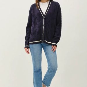 Be Cool Contrast Trim Cable-Knit V-Neck Cardigan - Image 5