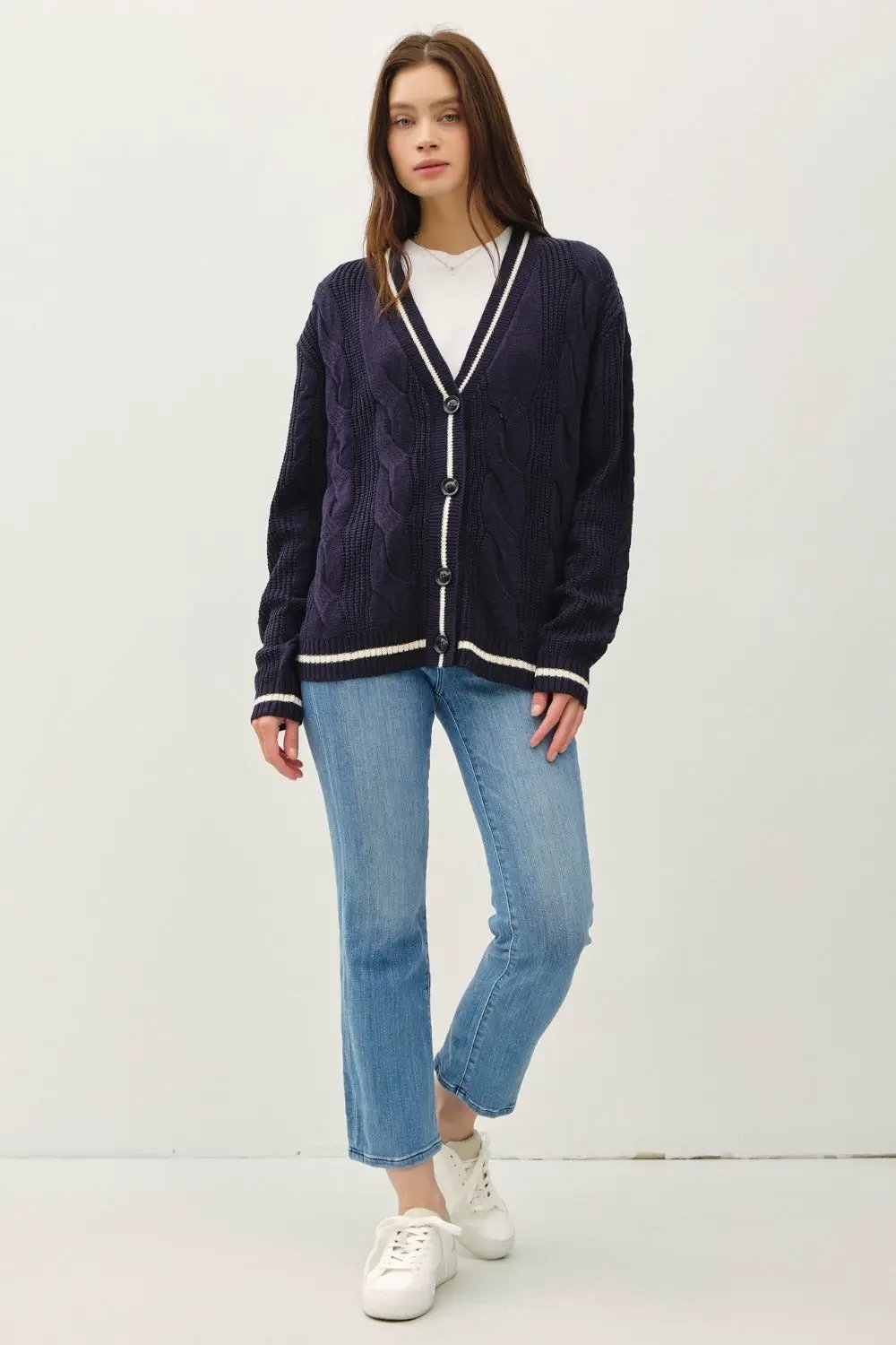 Be Cool Contrast Trim Cable-Knit V-Neck Cardigan - Image 5