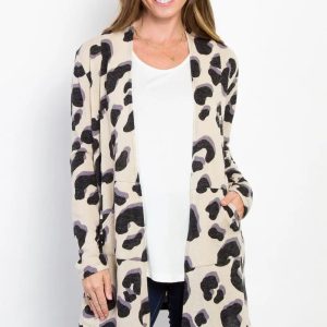 Be Stage Printed Open Front Knit Cardigan with Pockets - Image 1