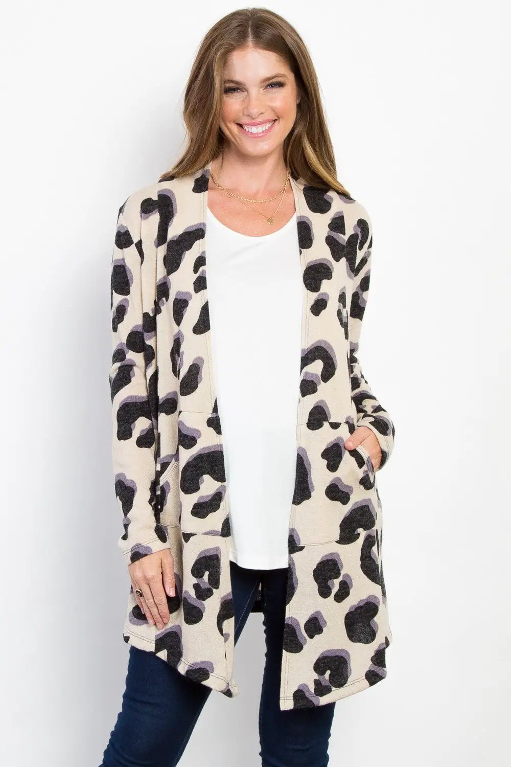 Be Stage Printed Open Front Knit Cardigan with Pockets - Image 1