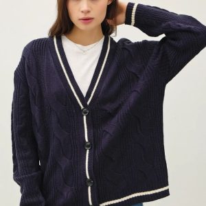 Be Cool Contrast Trim Cable-Knit V-Neck Cardigan - Image 1