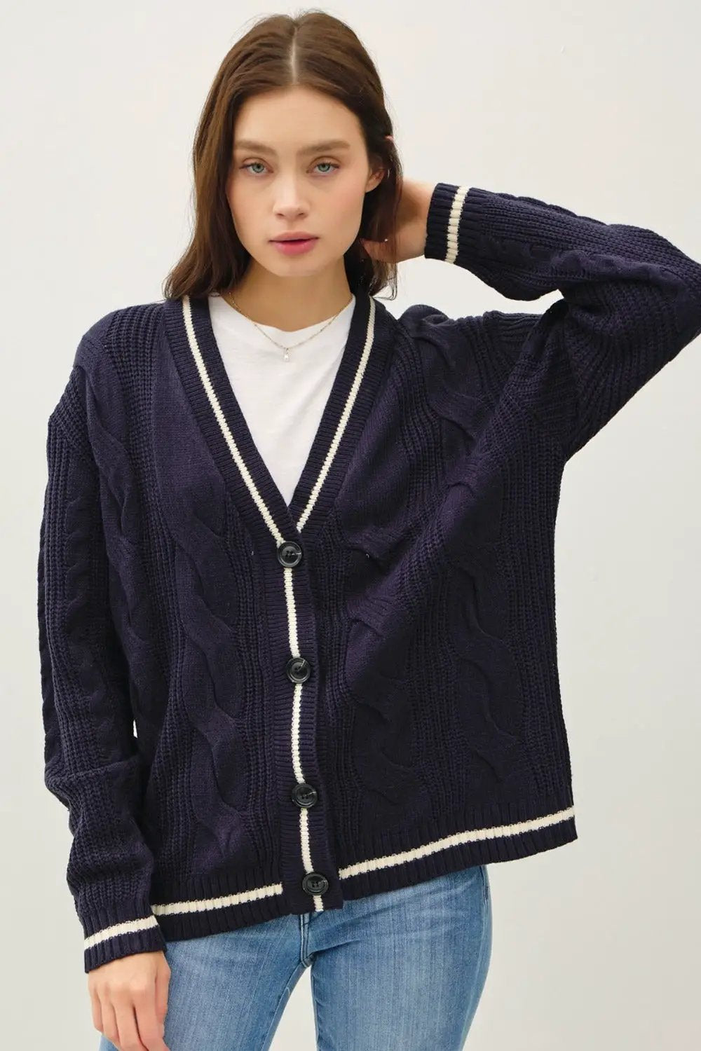 Be Cool Contrast Trim Cable-Knit V-Neck Cardigan - Image 1