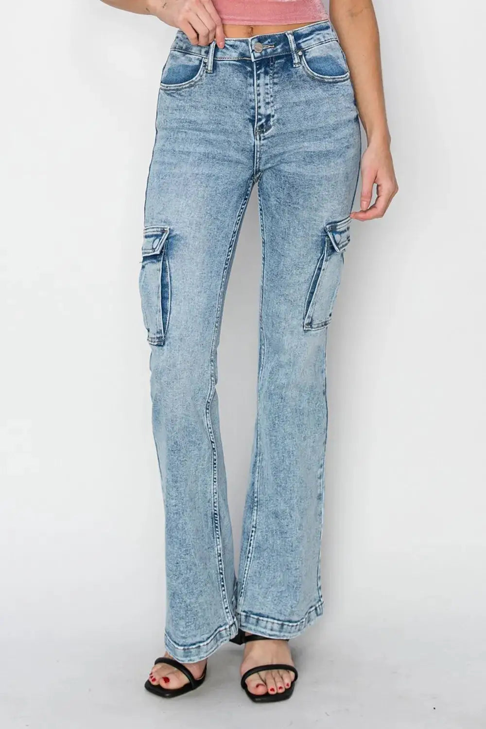 RISEN Full Size High Rise Cargo Flare Jeans - Image 1