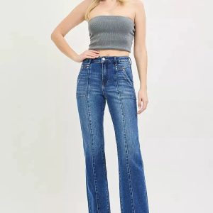 RISEN High Rise Straight Patch Pocket Seamed Jeans - Image 6