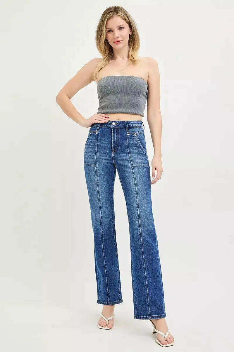 RISEN High Rise Straight Patch Pocket Seamed Jeans - Image 6