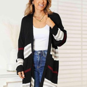 Double Take Striped Rib-Knit Drop Shoulder Open Front Cardigan - Image 1