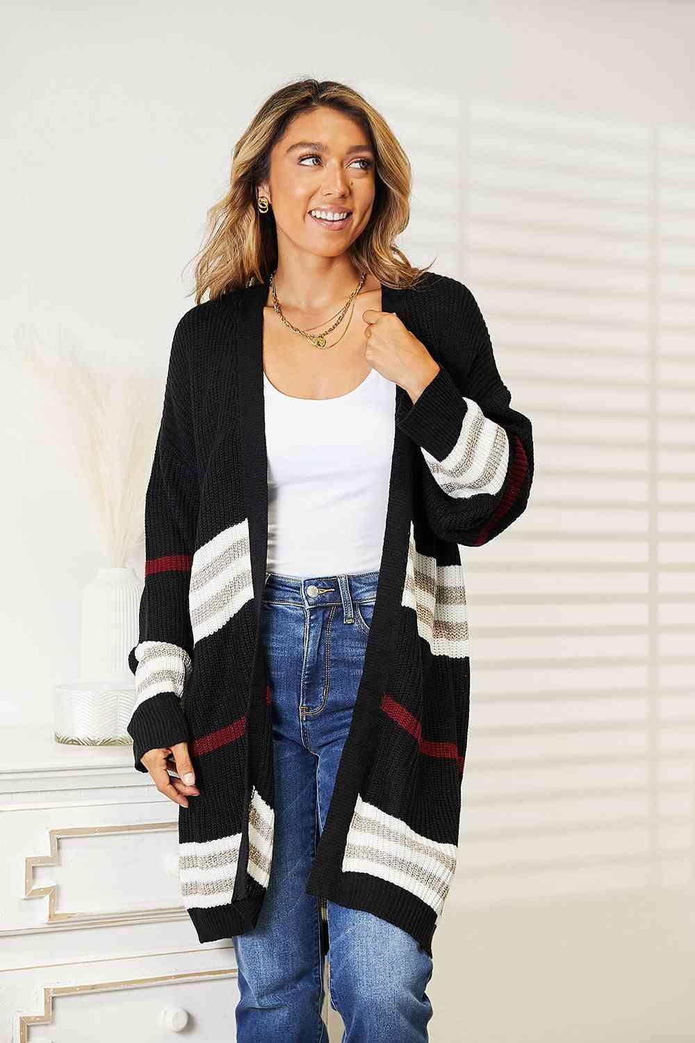 Double Take Striped Rib-Knit Drop Shoulder Open Front Cardigan - Image 1