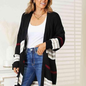 Double Take Striped Rib-Knit Drop Shoulder Open Front Cardigan - Image 3