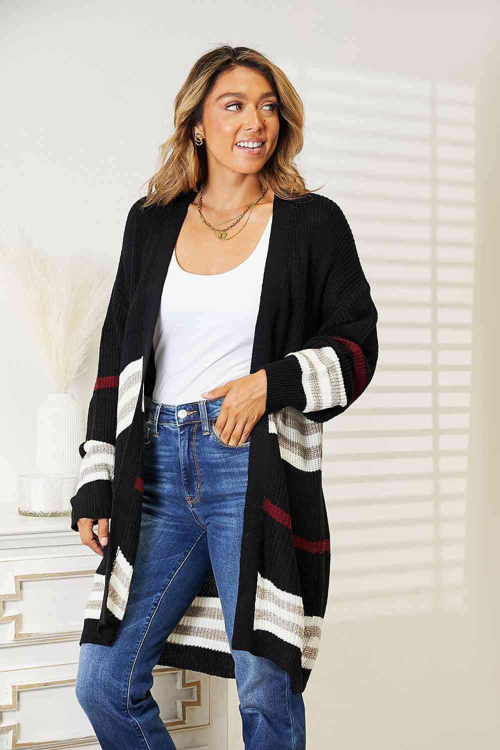 Double Take Striped Rib-Knit Drop Shoulder Open Front Cardigan - Image 3
