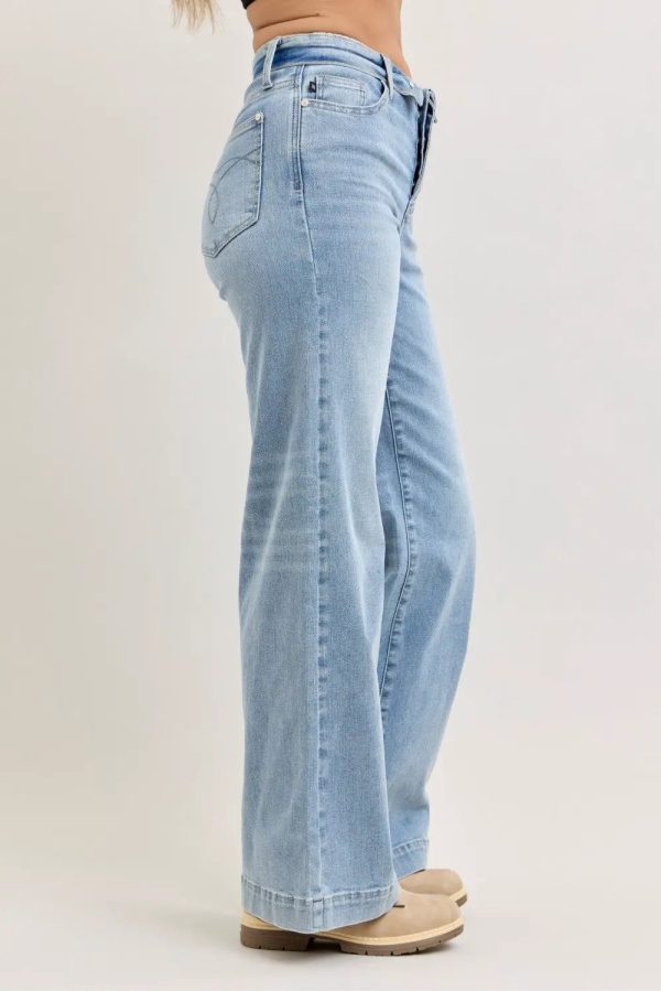 Judy Blue Mid Rise Retro Wide Leg Jeans with Fold-over Waistband