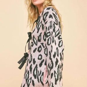 Davi & Dani Leopard Ribbon Tie Front Loose Fit Cardigan - Image 6