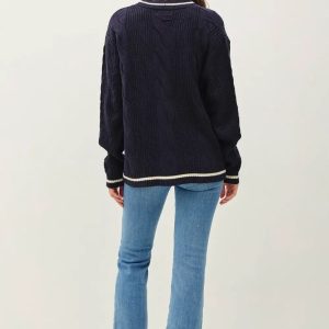 Be Cool Contrast Trim Cable-Knit V-Neck Cardigan - Image 3