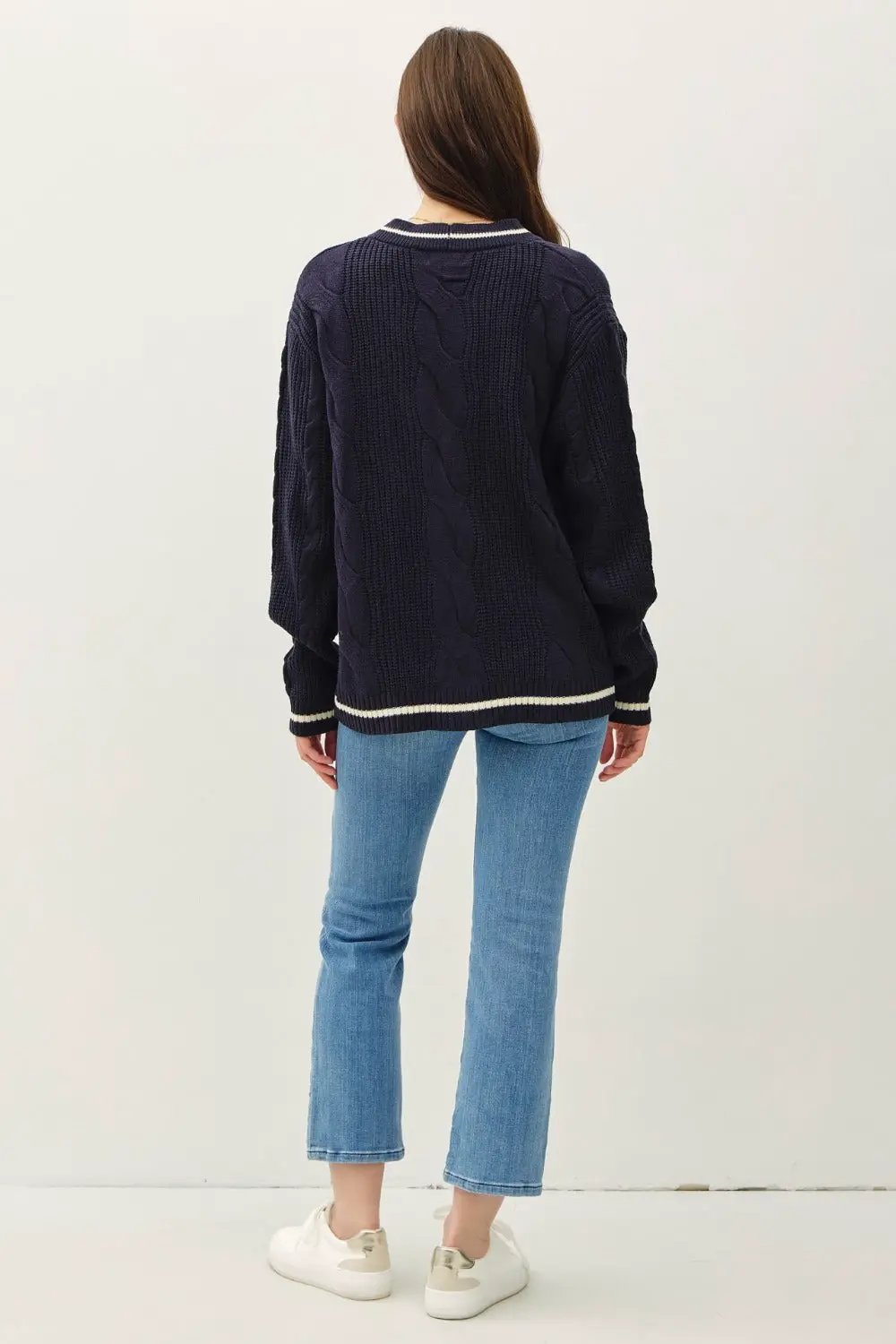 Be Cool Contrast Trim Cable-Knit V-Neck Cardigan - Image 3