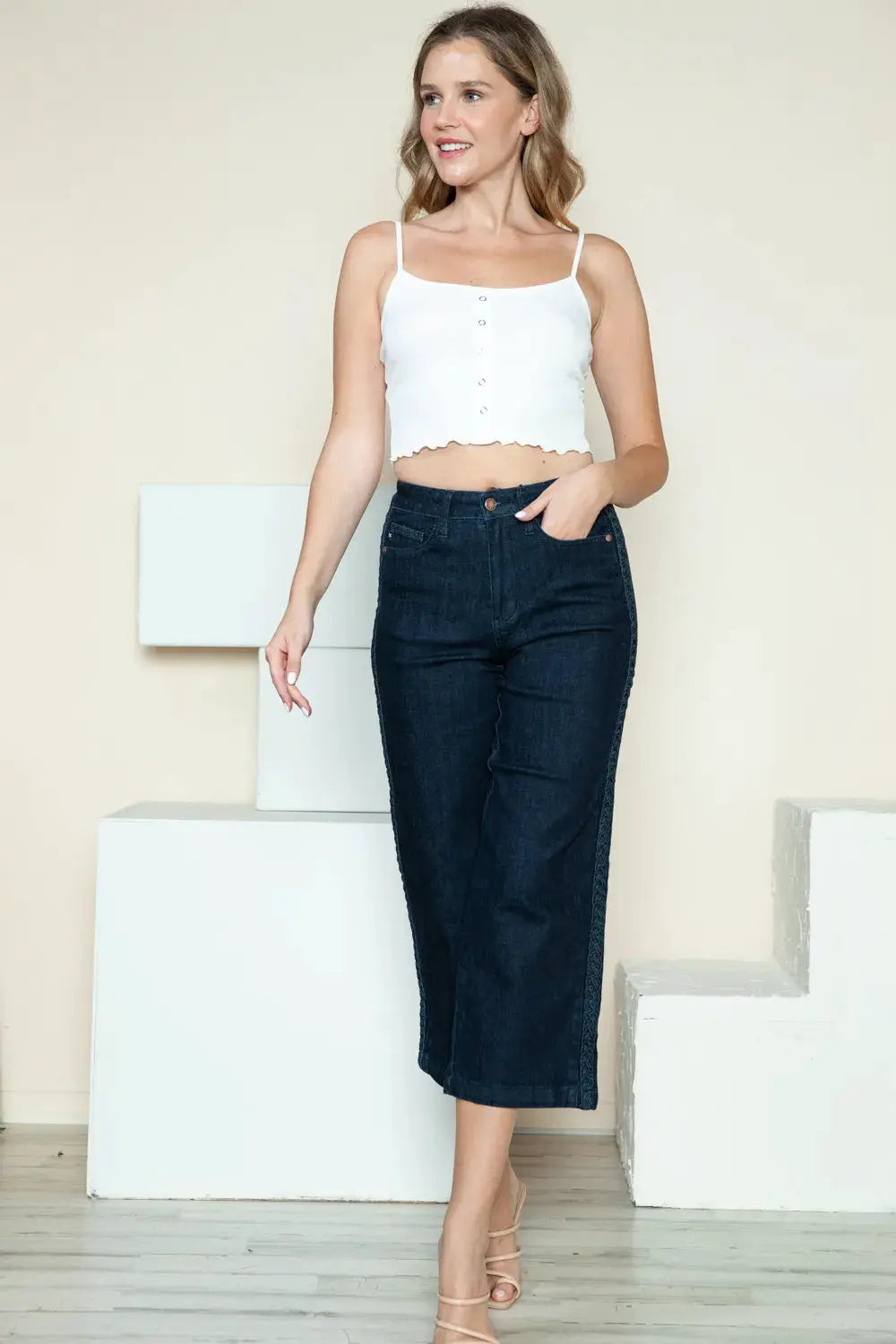 Judy Blue Full Size Side Seam Braid Detail Crop Wide Leg Jeans - Image 12