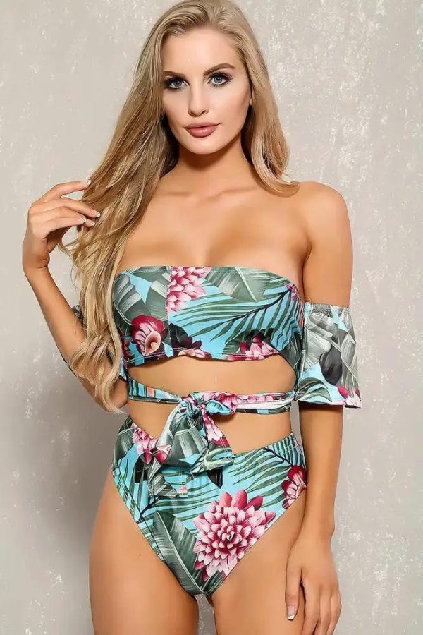 Sexy Sky Blue Green Tropical Print Two Piece Swimsuit Set