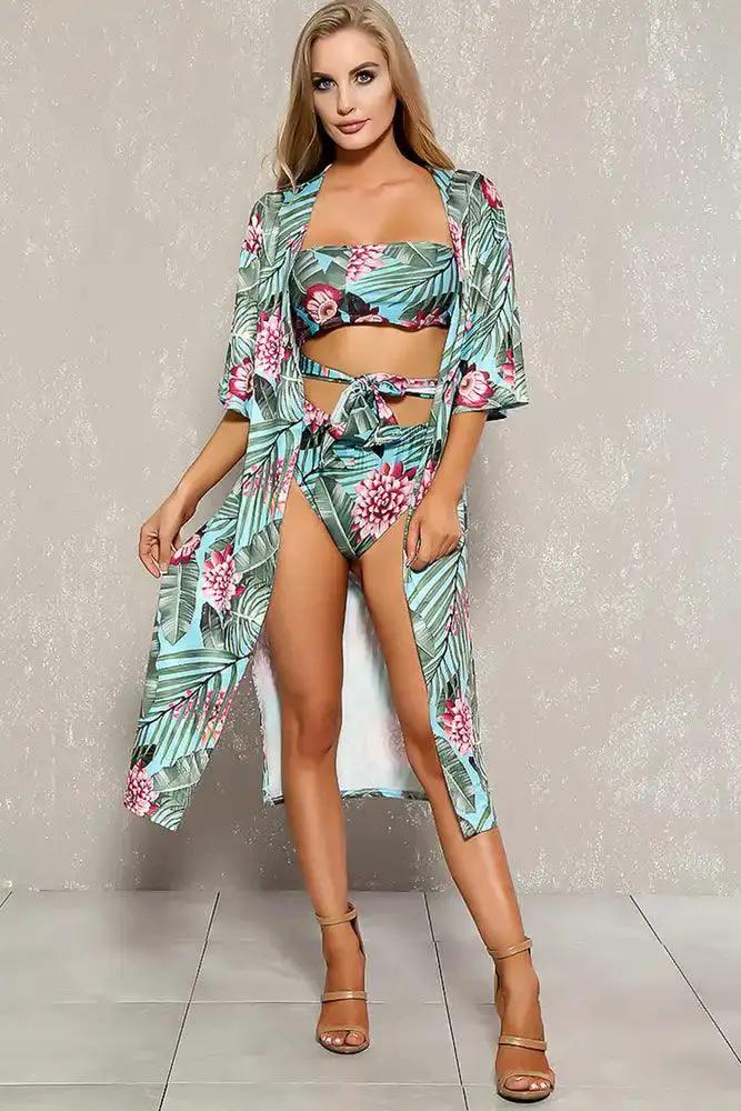 Sexy Sky Blue Green Tropical Print Two Piece Swimsuit Set - Image 1