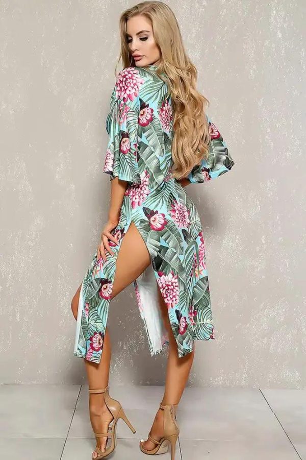 Sexy Sky Blue Green Tropical Print Two Piece Swimsuit Set