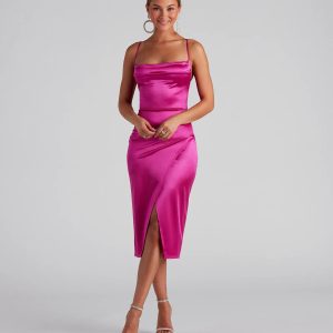Lillyanne Formal Satin Asymmetrical Midi Dress - Image 1